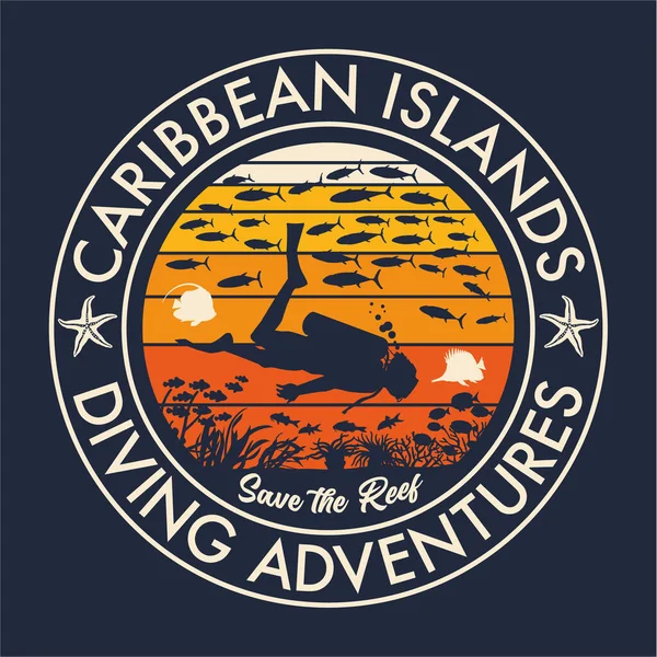 Scuba潜水加勒比珊瑚礁探险老式病媒指纹男孩儿穿T恤 — 图库矢量图片