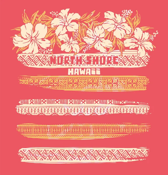 Hibiscus Hawaïen Fleurs Ethnique Motif Rayures Grunge Vintage Artwork Pour — Image vectorielle