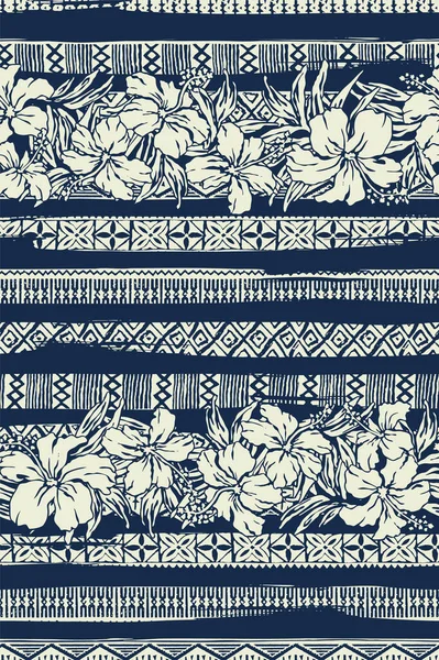 Hawaiian Hibiscus Bloemen Etnische Motief Strepen Vintage Naadloos Patroon Kunstwerk — Stockvector
