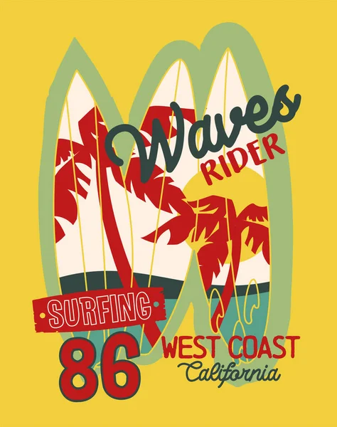 加利福尼亚州西海岸冲浪手可爱的矢量打印夏季儿童运动服 — 图库矢量图片