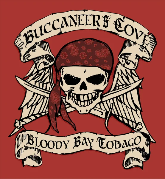 Tobago Buccaneer Cove Czaszka Skrzydłami Mieczami Wektor Grunge Grafika Dla — Wektor stockowy