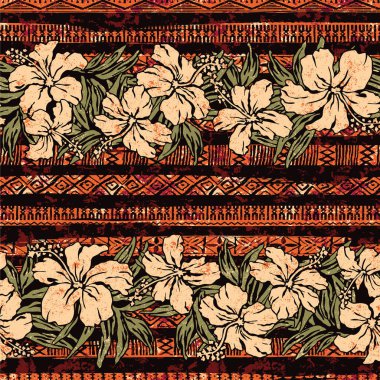 Hawaii amber çiçekleri etnik motif çizgiler, yaz için dikdörtgen desenli sanat eserleri kumaş masa örtüsü giyerler.