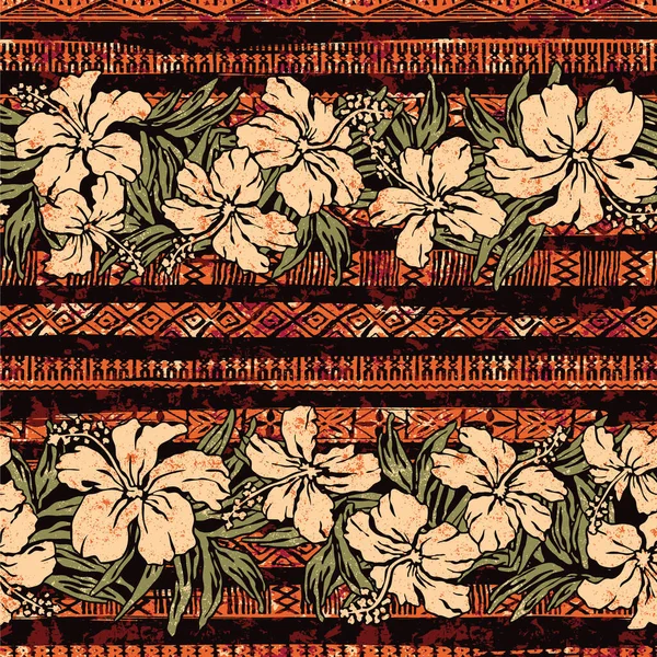 Hawaiian Hibiscus Flowers Ethnic Motif Stripes Vintage Seamless Pattern Artwork — Stock Vector