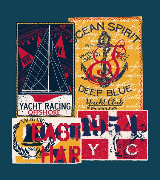 Etichette Nautiche Vela Yacht Club Patchwork Vintage Abstract Vector Artwork — Vettoriale Stock