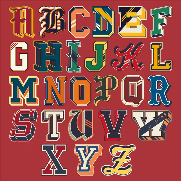 Lettres Sportives Collégiales Varsity Alphabet Police Patchs Vintage Vectoriel Artwork — Image vectorielle