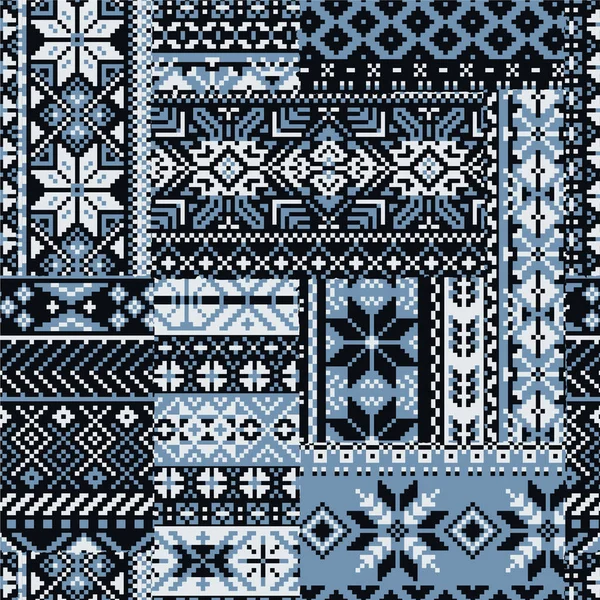 北欧の伝統的なニット雪片ジャカードパッチワーク抽象的な冬のテキスタイルベクトルシームレスパターン — ストックベクタ