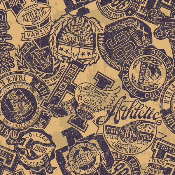 College Département Athlétique Vintage Badges Symboles Patchwork Vecteur Sans Couture — Image vectorielle