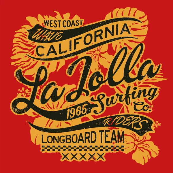 加州拉霍拉冲浪公司的冲浪骑手们抱怨夏季衬衫的老式矢量打印 — 图库矢量图片
