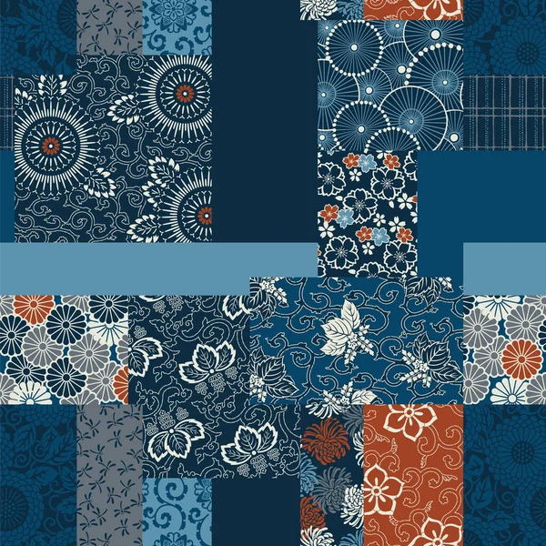 Traditional Japanese Fabric Patchwork Wallpaper Vintage Vector Seamless Pattern — 图库矢量图片