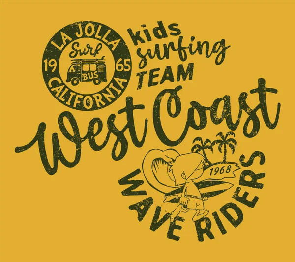 Kalifornien Våg Ryttare Barn Surfa Team Vektor Tryck För Sommar — Stock vektor
