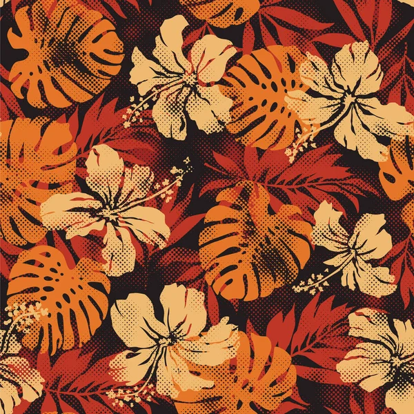 ハーフトーン点線ハイビスカスの花と熱帯の葉抽象的なベクトルシームレスパターン — ストックベクタ
