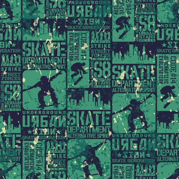 Splatted Urban Skateboarding Silhouette Wallpaper Vector Seamless Pattern Kids Street — Stock Vector