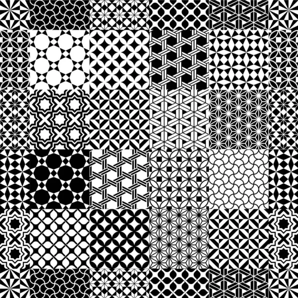 Geometric Black White Tiles Patchwork Wallpaper Vector Seamless Mosaic Pattern — Stock Vector