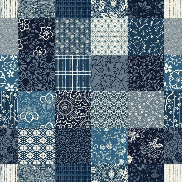 Niebieski Tradycyjny Japoński Tkanina Patchwork Tapety Vintage Wektor Bezszwowy Wzór — Wektor stockowy