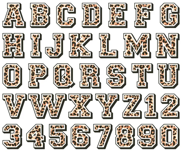 Schrift Und Zahl Mit Leopardenhaut Textur Abstrakte Vektormuster Alphabet Sammlung — Stockvektor