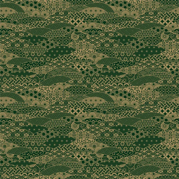 Zlato Tradiční Japonské Tkaniny Patchwork Tapety Vintage Vektor Bezešvé Vzor — Stockový vektor