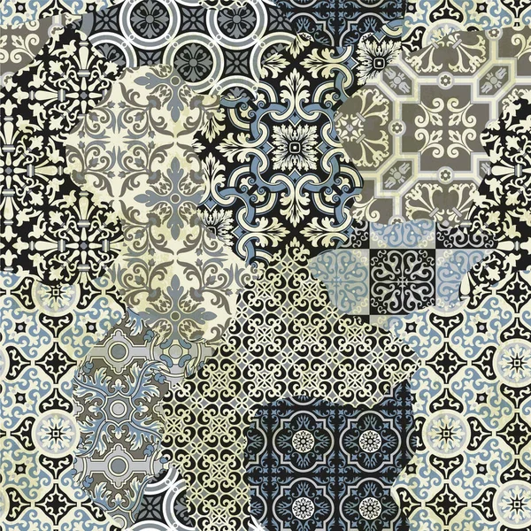Geometric Azulejos Ceramic Tiles Patchwork Wallpaper Abstract Vector Seamless Pattern — ストックベクタ