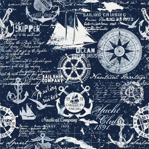 Caribbean Sailing Cruises Nautical Elements Collage Grunge Marine Wallpaper Vector — Stock Vector