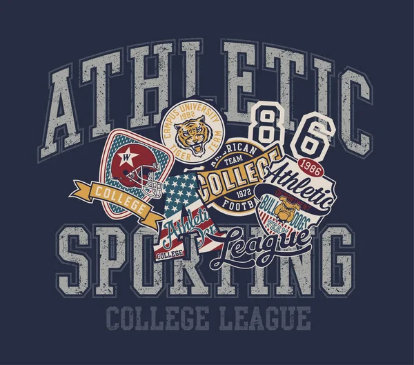College American Football Team Patches Collage Vintage Vector Print Voor — Stockvector