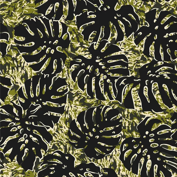 Тропические Листья Монстров Камуфляжным Фоном Абстрактный Векторный Бесшовный Узор — стоковый вектор