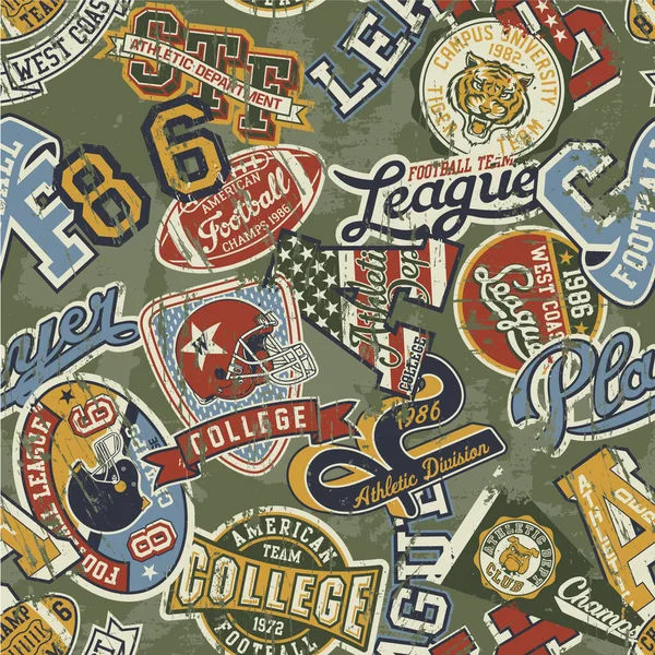 Colegio Equipo Fútbol Americano Insignias Vintage Parches Símbolos Collage Grunge — Archivo Imágenes Vectoriales