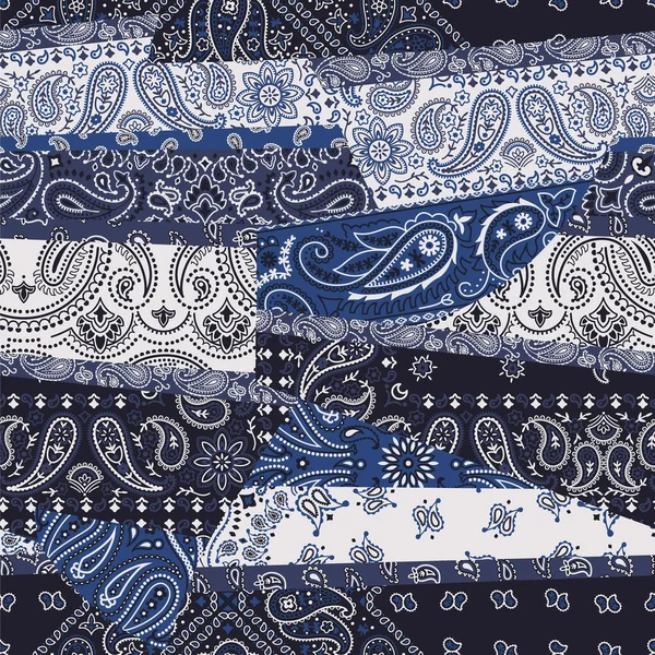 Синяя Полосатая Пэйсли Бандана Ткань Лоскутное Полотно Абстрактный Вектор Бесшовный — стоковый вектор