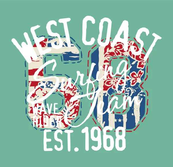 West Coast Wave Rider Equipe Surf Grunge Impressão Vetor Vintage — Vetor de Stock