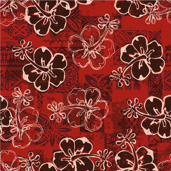 ハワイのタパ族の要素とハイビスカスの花パッチワーク抽象的なヴィンテージベクトルシームレスパターン — ストックベクタ
