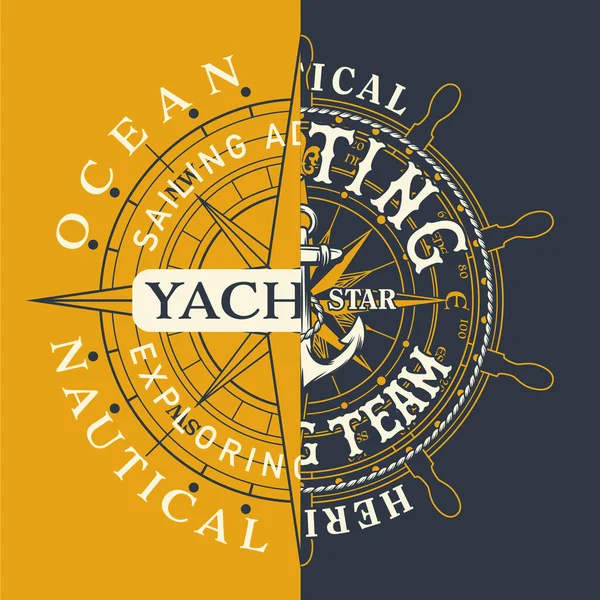 ノーチカルオーシャンヨッティングアドベンチャーラベルパッチワークヴィンテージ抽象ベクトルアートワークのための男の子の男性海洋シャツ — ストックベクタ