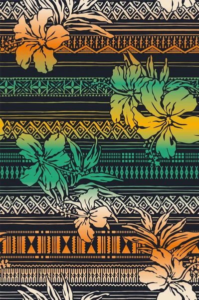 夏威夷部落元素和芙蓉花抽象的格朗格葡萄酒载体无缝模式 — 图库矢量图片
