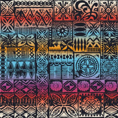 Hawaiian style tapa cloth  tribal motifs fabric abstract vintage vector seamless pattern 