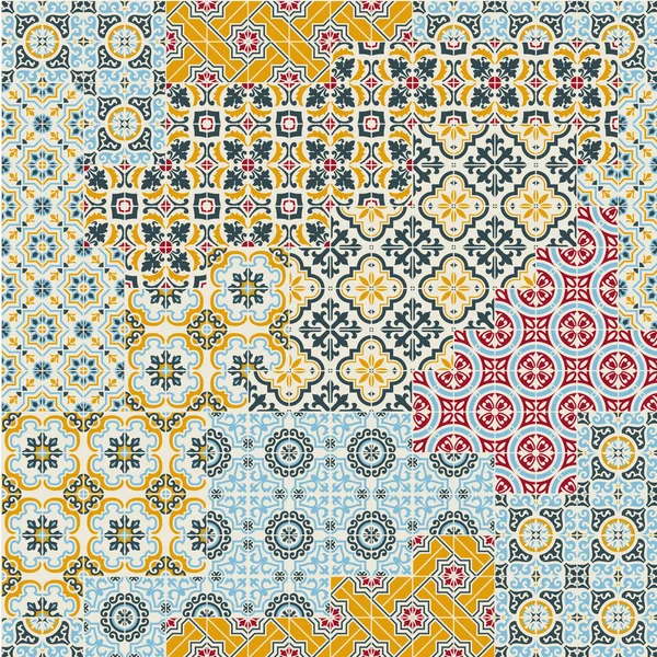 幾何学的なAzulejosセラミックタイルパッチワーク壁紙抽象的なベクトルシームレスパターン — ストックベクタ