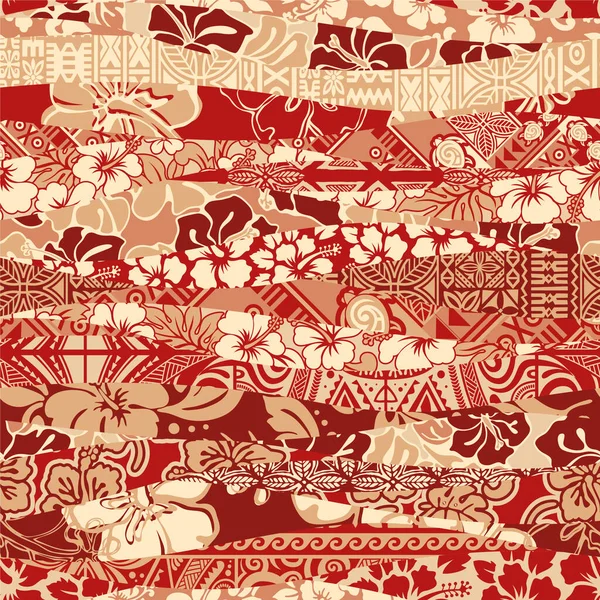 Hawaiianische Stammesstoffe Und Hibiskusblumen Patchwork Tapete Abstrakte Vektor Nahtlose Muster — Stockvektor