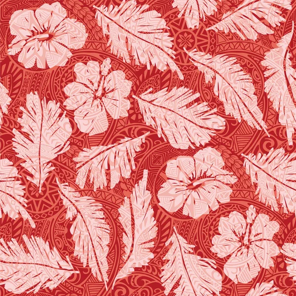 Tropische Blätter Und Hibiskusblüten Stammestätowierung Hintergrund Hawaii Stil Abstrakte Vektor — Stockvektor