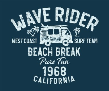 Şirin batı yakası çocukları sörf takımının kamyon kamyon vektör baskısı. Yazın giydikleri grunge efektlerini farklı katmanlarda giyerler.