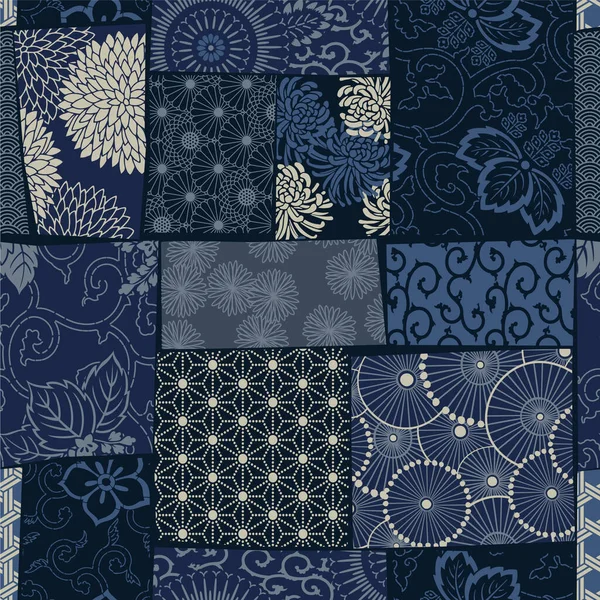 Traditional Japanese Fabric Patchwork Wallpaper Vintage Vector Seamless Pattern — Image vectorielle