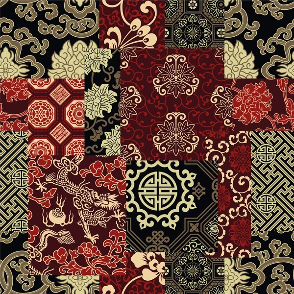 Tissu Traditionnel Chinois Brocart Soie Patchwork Vintage Vecteur Motif Sans — Image vectorielle