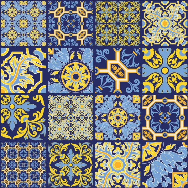 Azulejos Ceramic Tiles Patchwork Wallpaper Abstract Vector Seamless Pattern — Stock Vector