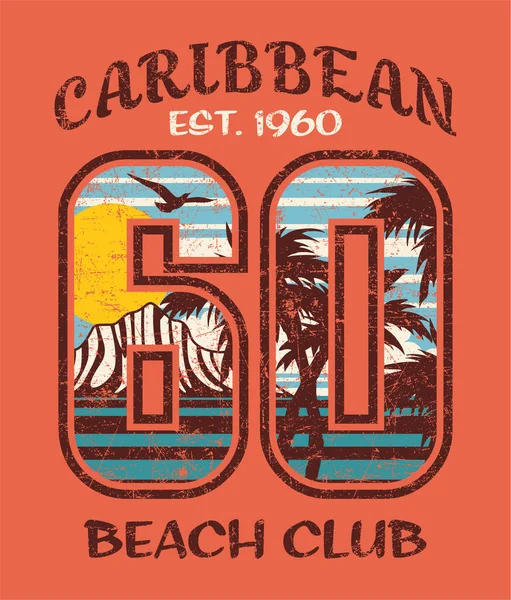 Карибський Пляжний Клуб Номер Пейзажним Фоном Старовинний Векторний Малюнок Літньої Стокова Ілюстрація