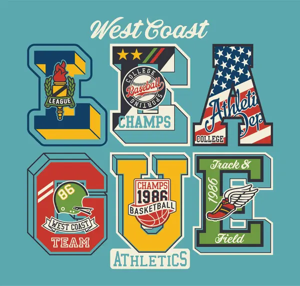 West Coast College Département Sportif Abstrait Vintage Vectoriel Artwork Avec Vecteurs De Stock Libres De Droits