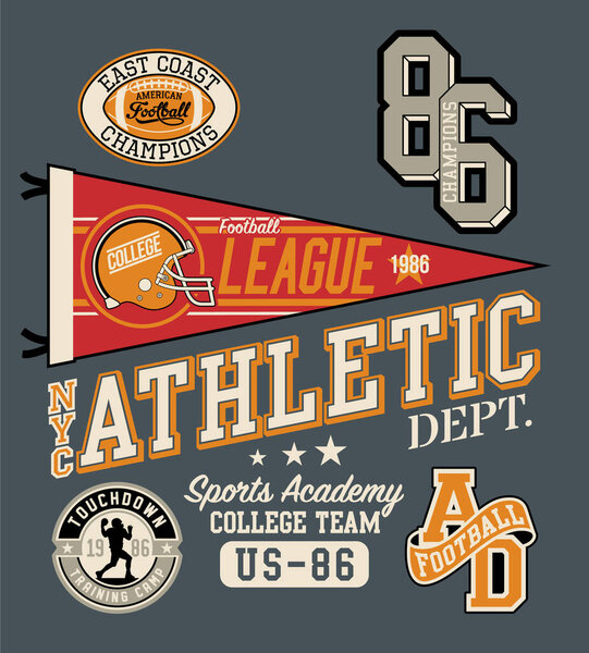 College sporting American football athletic department abstract vintage vector artwork for kid boy t shirt with embroidery applique patches
