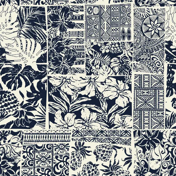 Hibiscus Style Hawaïen Éléments Tribaux Tissu Patchwork Papier Peint Abstrait Illustration De Stock