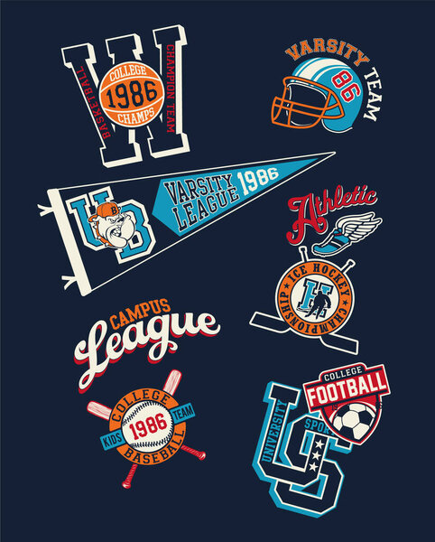 College sporting athletic department emblems patchwork abstract vintage vector artwork for kid boy t shirt with embroidery applique patches