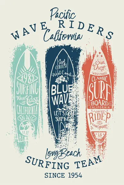 California West Coast Hullám Lovas Szörfözés Csapat Grunge Vintage Szörfdeszka Jogdíjmentes Stock Illusztrációk