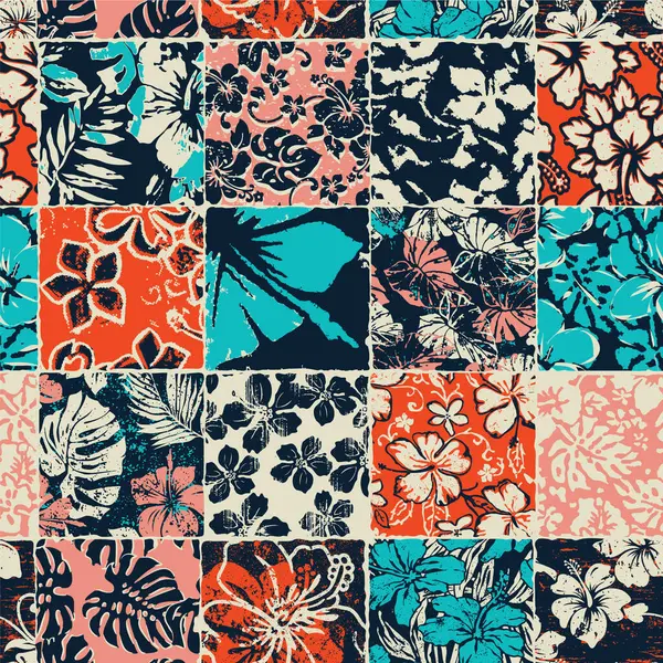 Hibiscus Flores Hojas Tropicales Vintage Patchwork Grunge Vector Abstracto Patrón Gráficos Vectoriales