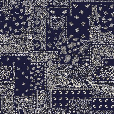 Mavi şal desenli bandana kumaş yama işi duvar kâğıdı vintage dikişsiz vektör deseni