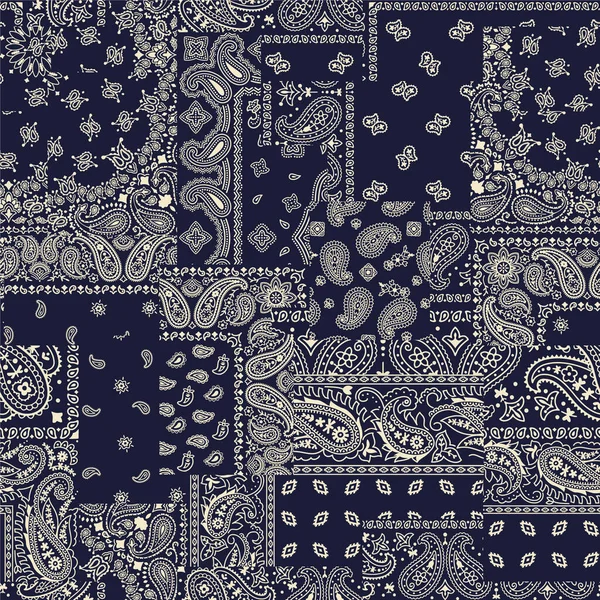 Blaue Paisley Bandana Stoff Patchwork Tapete Vintage Vektor Nahtlose Muster lizenzfreie Stockillustrationen