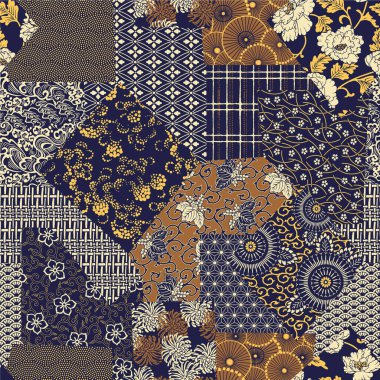 Geleneksel Japon kumaşı yama işi duvar kâğıdı vintage vektör dikişsiz desen eşarp gömlek kumaş kumaş masa örtüsü yastık ambalajı