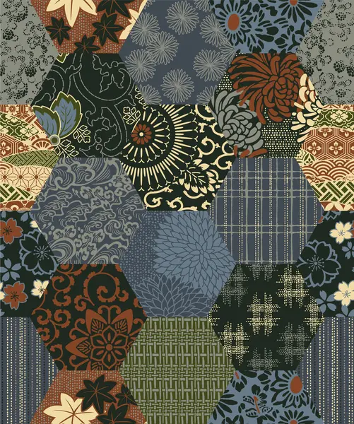 伝統的な日本のタイル六角形のパッチワークの壁紙 ヴィンテージ ベクターのシームレスなパターン カーチーフのシャツ生地のテーブルクロス包装枕 — ストックベクタ