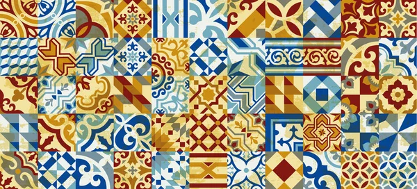 Encaustic Cement Hydraulic Tiles Patchwork Wallpaper Vector Seamless Pattern Fabric — Stock Vector